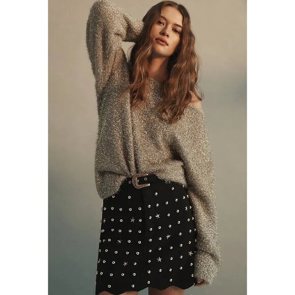 ANTHROPOLOGIE Studded Suede Mi Skirt in Black/Gold Size X-Small - Picture 9 of 10
